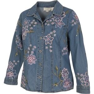 Venezia Vitale Denim Jacket Medium Floral Embroidered Sequin Blue Jean Button Up